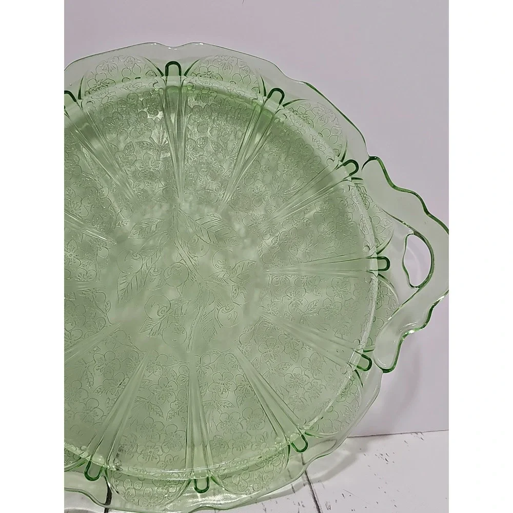 Jeanette Green Depression Glass  Cherry Blossom 2 Handled Cake Tray Plate